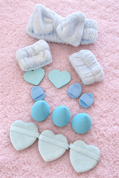 Mavi Renk Kurdele Figürlü Su Emici Havlu Bileklik/Saç Bandı/Makyaj Süngeri Set