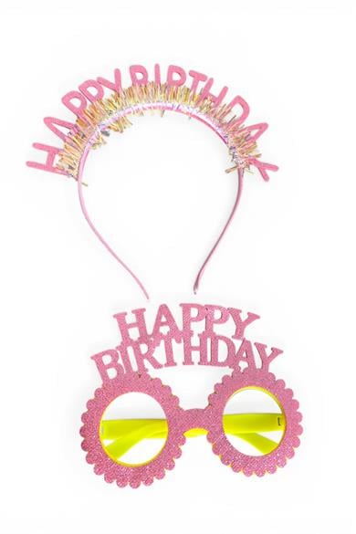 Pembe Renk Happy Birthday Yazılı Gözlük Ve Taç