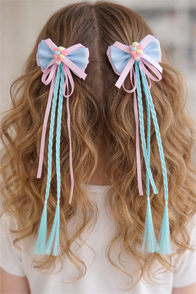 Mavi Ve Pembe Renk Kalp Figürlü Örgü Detaylı 2li Yan Toka