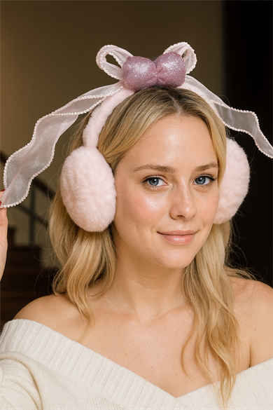 Pembe Renk Kurdele Figürlü Peluş Kulaklık