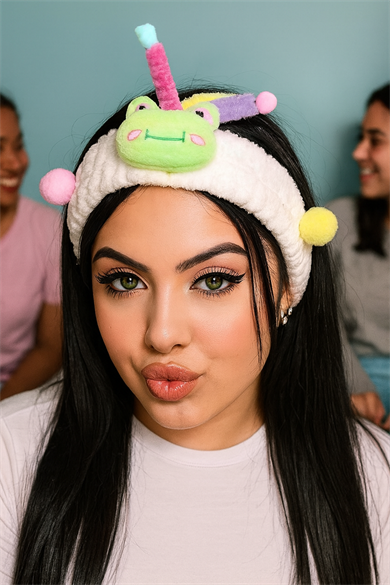 Beyaz Renk Kurbağa Figürlü Peluş Saç Bandı