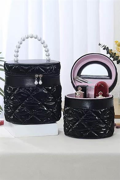 Siyah Renk İnci Detaylı Makyaj Ve Kişisel Bakım Çantası 