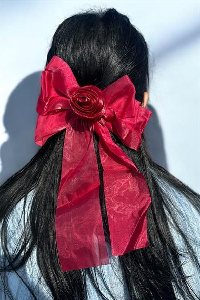 Bordo Gül Figürlü Kurdele Pens Toka