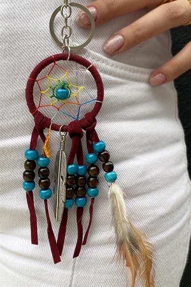 Bordo Renk Boncuklu Rüya Kapanı Detaylı Anahtarlık