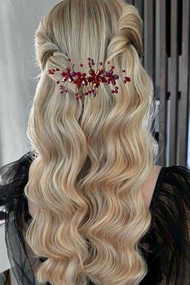 Bordo Renk Kristal Taş Detaylı Tel Tarak Toka