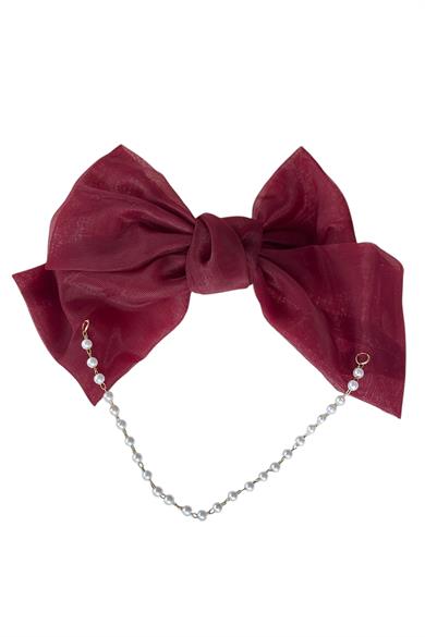 Bordo Renk Kurdele Figürlü İnci Detaylı Otomat Toka