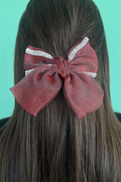 Bordo Renk Kurdele Figürlü Taş Detaylı Otomat Toka