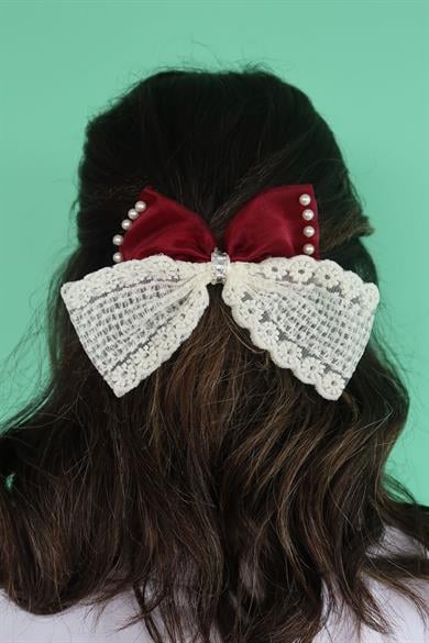 Bordo Ve Krem Renk Kurdele Figürlü İnci Ve Taş Detaylı Otomat Toka