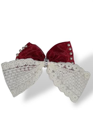 Bordo Ve Krem Renk Kurdele Figürlü İnci Ve Taş Detaylı Otomat Toka