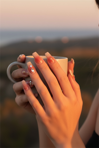 12li Krem Ve Pembe Renk Taş Detaylı Takma Tırnak Set (Yapıştırıcılı)