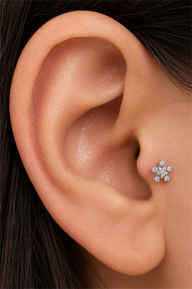 Gümüş  Renk Kar Tanesi  Figürlü  Taşlı Cerrahi Çelik Tragus/Kıkırdak Küpe/Piercing (Tek)