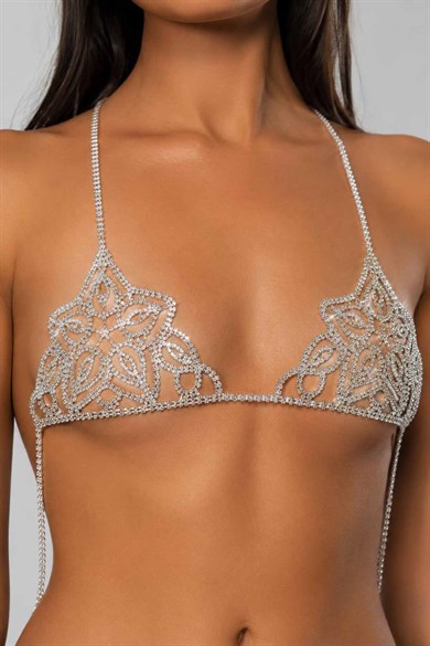 Gümüş Renk Taş Detaylı Bikini Üstü /Bralet /Vücut Aksesuarı