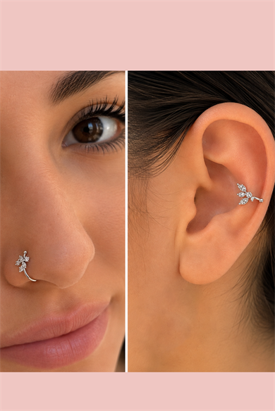 Gümüş Renk Karışık Figürlü Deliksiz Kulak/Burun 3lü Piercing Set