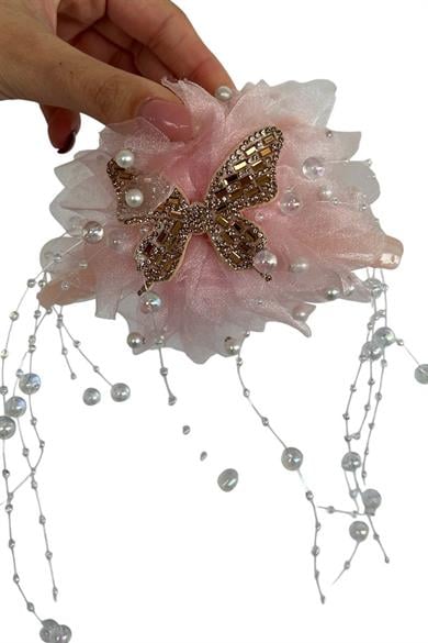 Pembe Renk Kelebek Figürlü İnci Detaylı Mandal  Toka