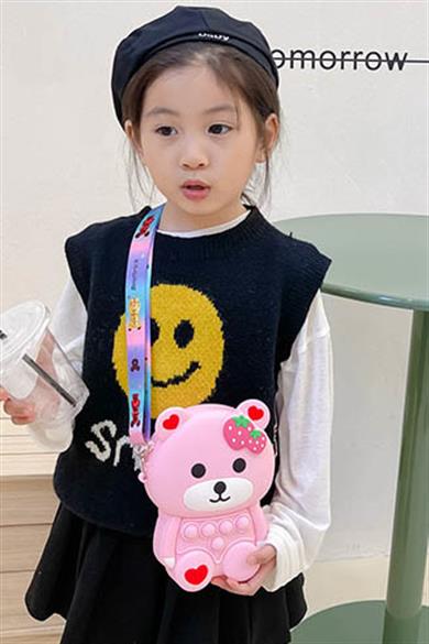 Pembe Renk Ayıcık Figürlü Çocuk Pop-İt Çanta