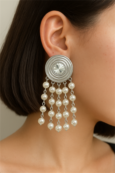 Gümüş Renk Taş Ve İnci Detaylı Tasarım Küpe (Çift)