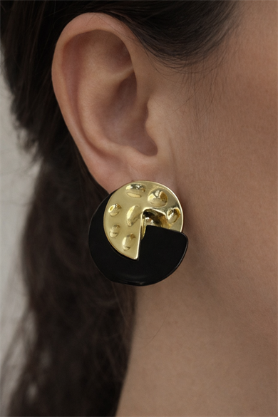 Altın Renk Siyah Detaylı Yuvarlak Küpe (Çift)