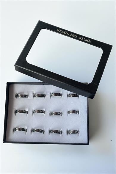 12li Gümüş Renk Çelik Erkek Yüzük Set