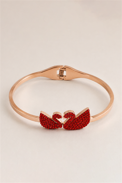 Rose Gold Kuğu Figürlü Taş Detaylı Renk Çelik Kelepçe Bileklik