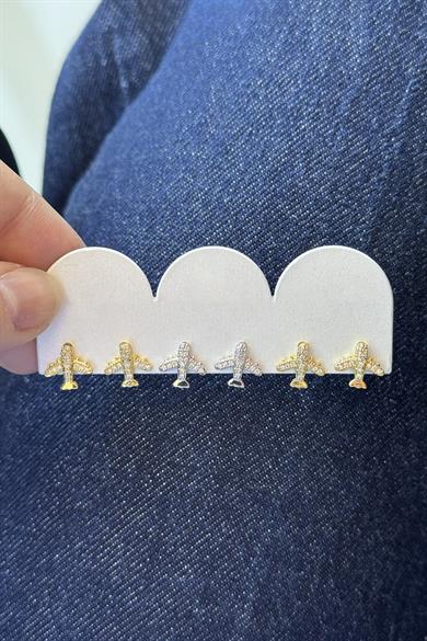 6lı Karışık Renk Uçak Figürlü Taş Detaylı Küpe Set