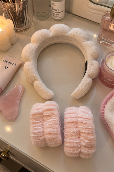 Pudra Renk Spa Taç Ve Peluş Su Emici Havlu Bileklik Set