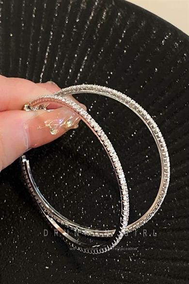 Gümüş Renk Taş Detaylı Halka Küpe (Çift)