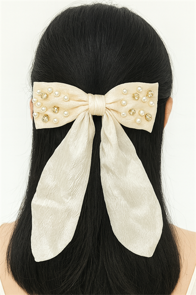 Krem Renk Kurdele Figürlü Taş Ve İnci  Detaylı Otomat Toka