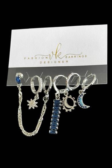 6lı Gümüş Renk Taş Detaylı Küpe Set