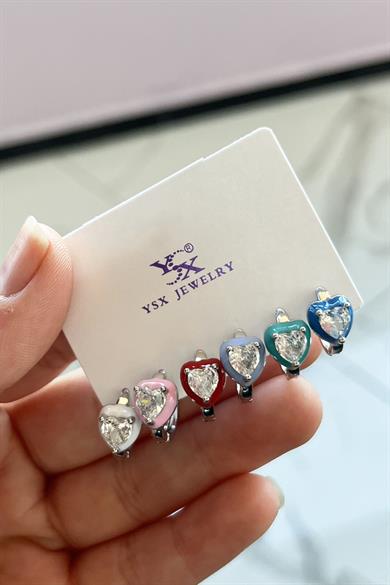 Gümüş Renk Kalp Figürlü Taş Detaylı 6lı YSX Küpe Set  