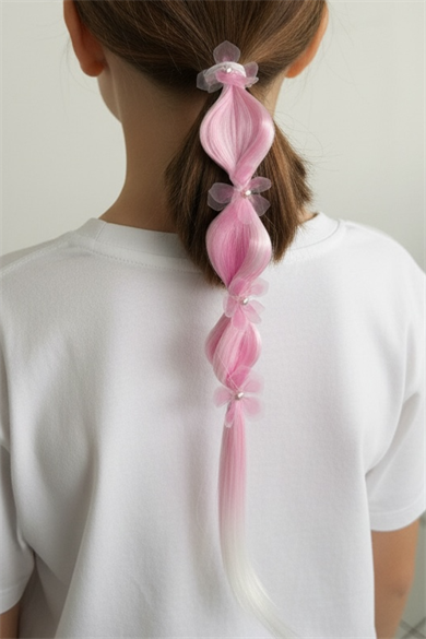 Pembe Renk Çiçek Figürlü Saç Detaylı Lastik Toka