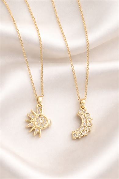 Altın Renk Ay Ve Güneş Figürlü Çelik Best Friend Kolye