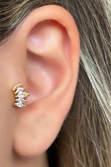 Altın Renk Taş Detaylı Çelik Tragus/Kıkırdak Küpe/Piercing (Tek)
