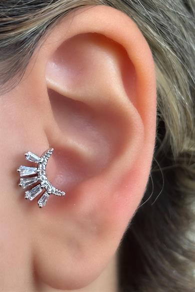 Gümüş Renk Taş Detaylı Çelik Tragus/Kıkırdak Küpe/Piercing (Tek)