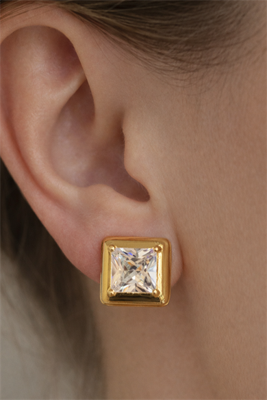 Altın Renk Kare Detay Taşlı Tx Küpe (Çift)