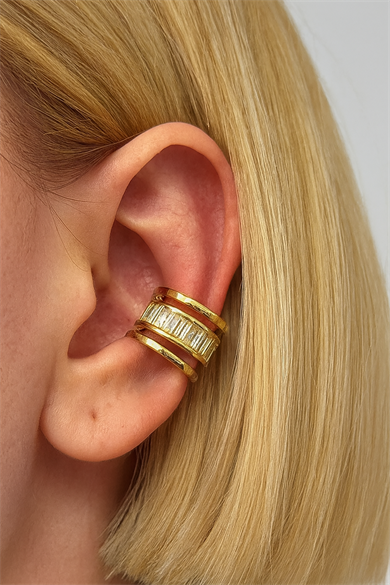 Altın Renk Taş Detaylı 14K Altın Kaplama TX Ear Cuff (Tek)