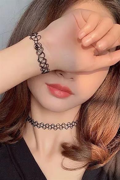 Siyah Renk Elastik Choker Kolye | Bileklik Ve Yüzük Set