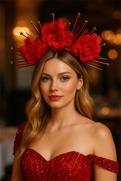 Kırmızı Renk Çiçek Detaylı Gelin/Kına/Nişan/Söz/Bride Tasarım Taç