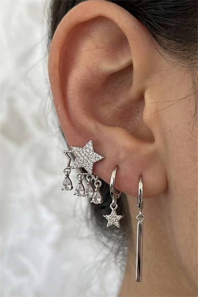 Gümüş Renk Yıldız Figürlü 3lü YSX Küpe Set