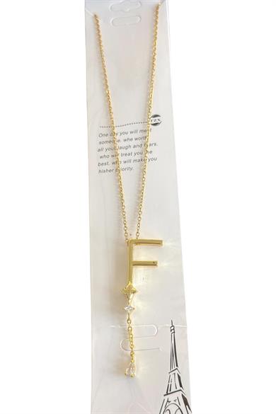 Altın Renk F Harfli Taş Detaylı Çelik Kolye