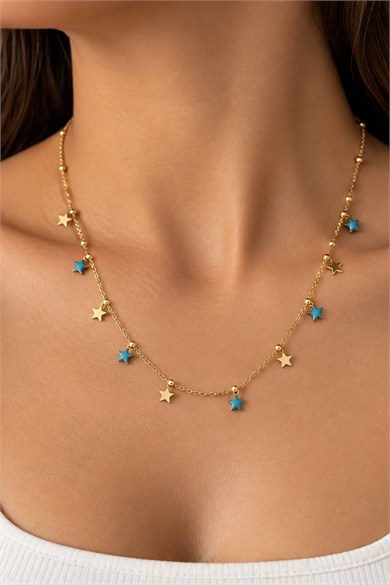 Altın Renk Yıldız Figürlü Taş Detaylı Çelik Kolye