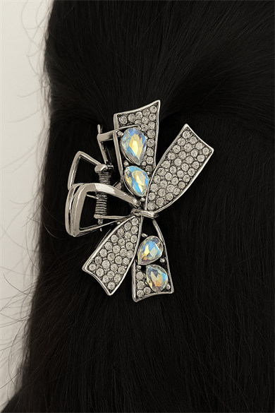 Gümüş Renk Kurdele Figürlü Taş Detaylı Metal Mini Mandal Toka