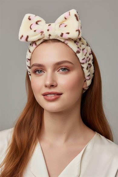 Krem Ve Pembe Renk Kurdele Figürlü Leopar Desenli Peluş Saç Bandı