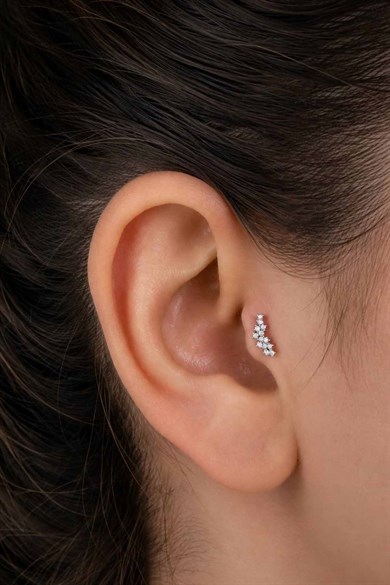 Gümüş Renk Taşlı Cerrahi Çelik Tragus/Kıkırdak Küpe/Piercing (Tek)