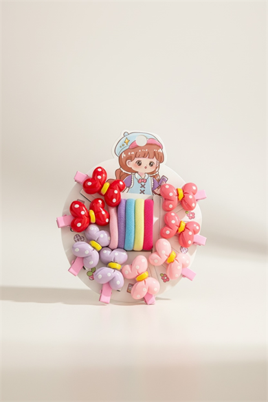 Karışık Renk Kurdele Figürlü Yan Toka Ve Lastik Toka Set