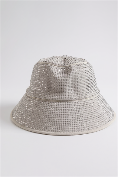 Beyaz Renk Taşlı Bucket Şapka