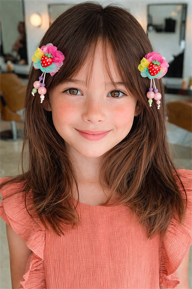 Pembe Renk Çilek Figürlü Boncuk Detaylı 2li Yan Toka Set