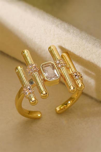 Altın Renk Taş Detaylı Ayarlanabilir Çelik Yüzük