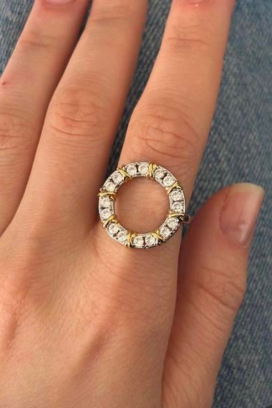 Gümüş Ve Altın Renk Taş Detaylı Ayarlanabilir Yüzük
