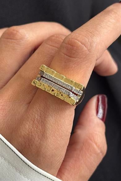 Altın Renk Taş Detaylı Ayarlanabilir Çelik Yüzük