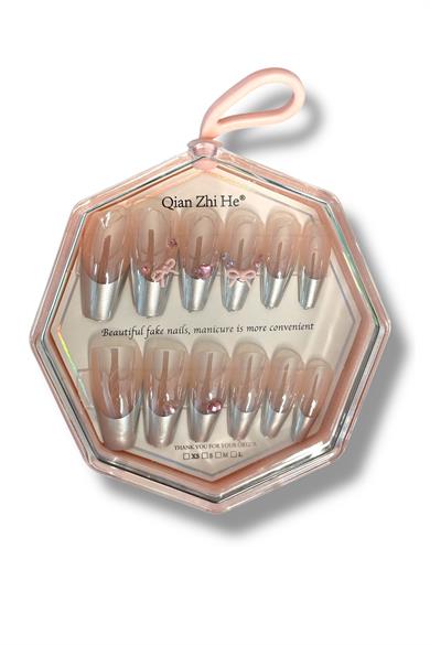 12li Pudra Ve Gri Renk Jel Görünümlü Takma Tırnak (Yapıştırıcılı)